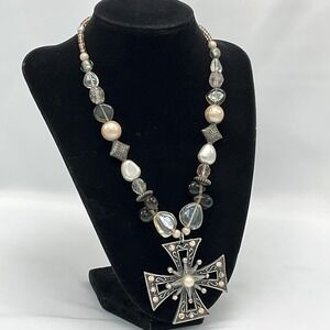 Treska Maltese Cross Necklace Statement Beaded Adjustable 16-20" Vintage